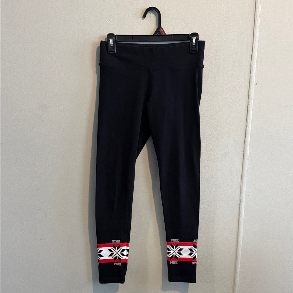 PINK Victoria's Secret Black Leggings with Red & White Fair Isle Cuff